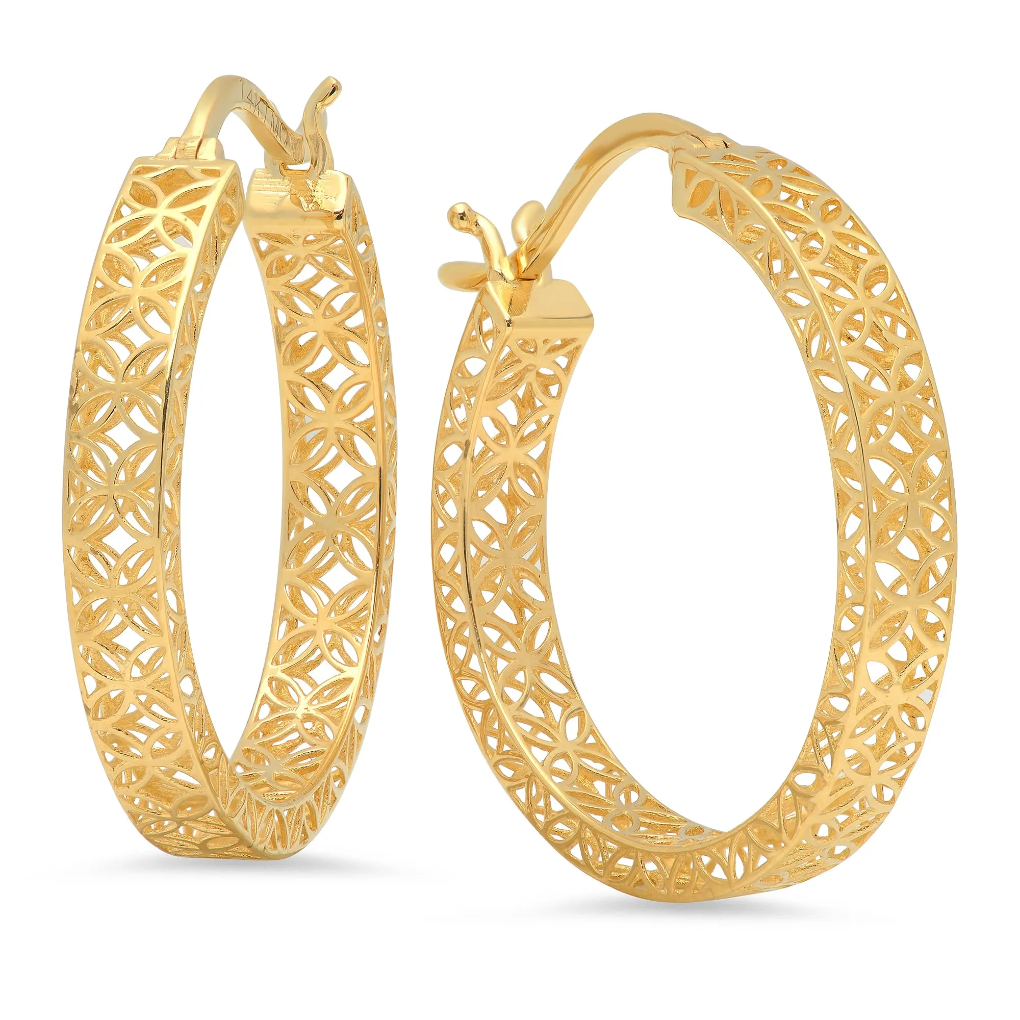 14k Yellow Gold Floral Filigree Texture Hoop Earrings