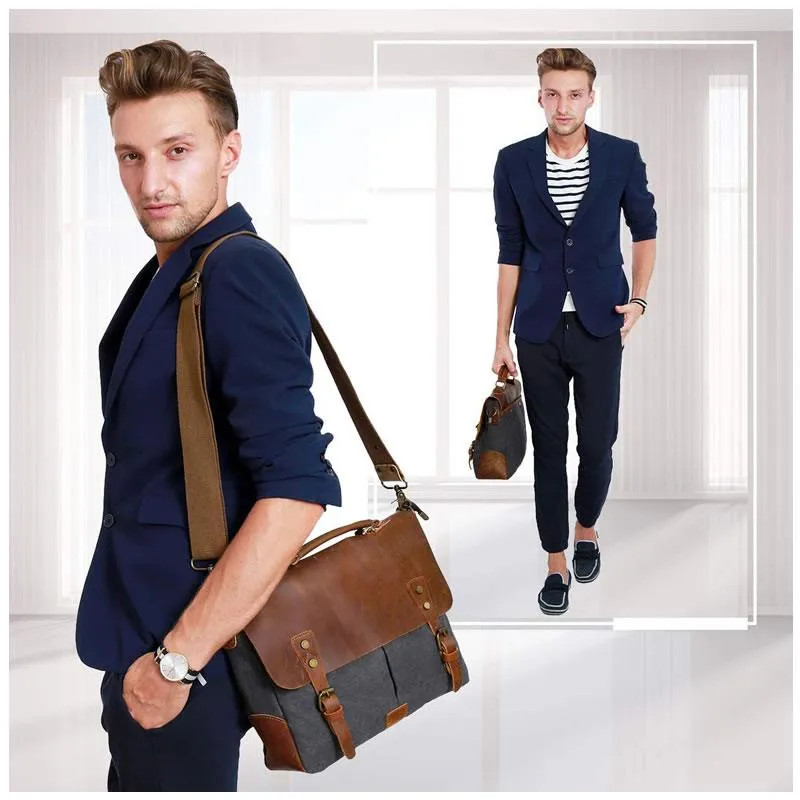 15 Inch Canvas And Leather Shoulder Laptop Bag Yu-16960