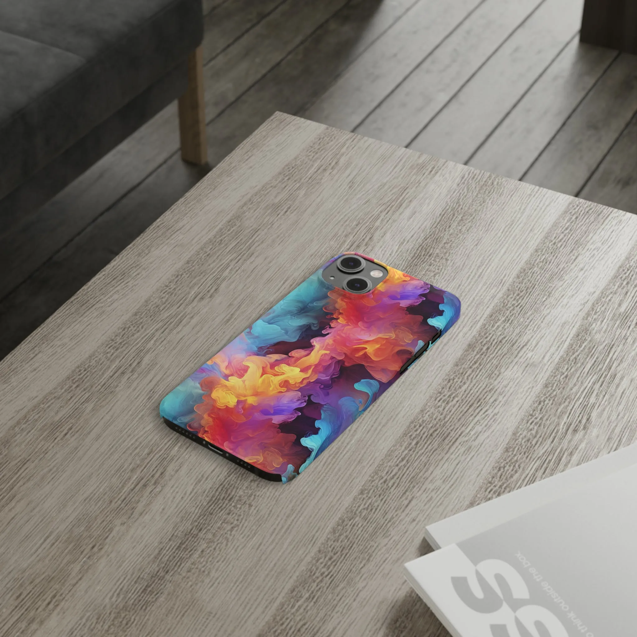 Abstract Blue, Purple, Yellow Smoke Design Sleek Elegance Wireless-Charging Compatible Phone Case Slim Phone Case compatible with over 20 iphone models