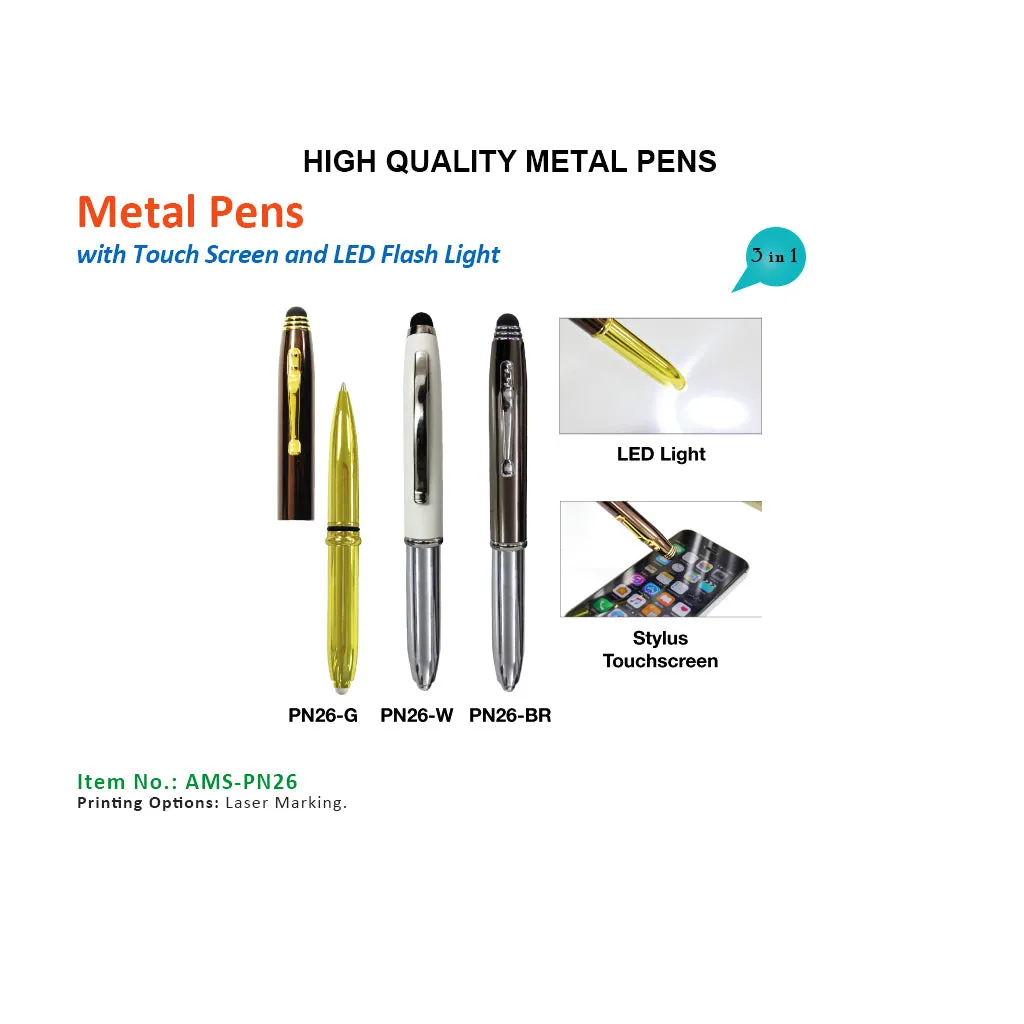 AMS-PN-26 - 3 in 1 Metal Pens (Pen   Torch   touch)