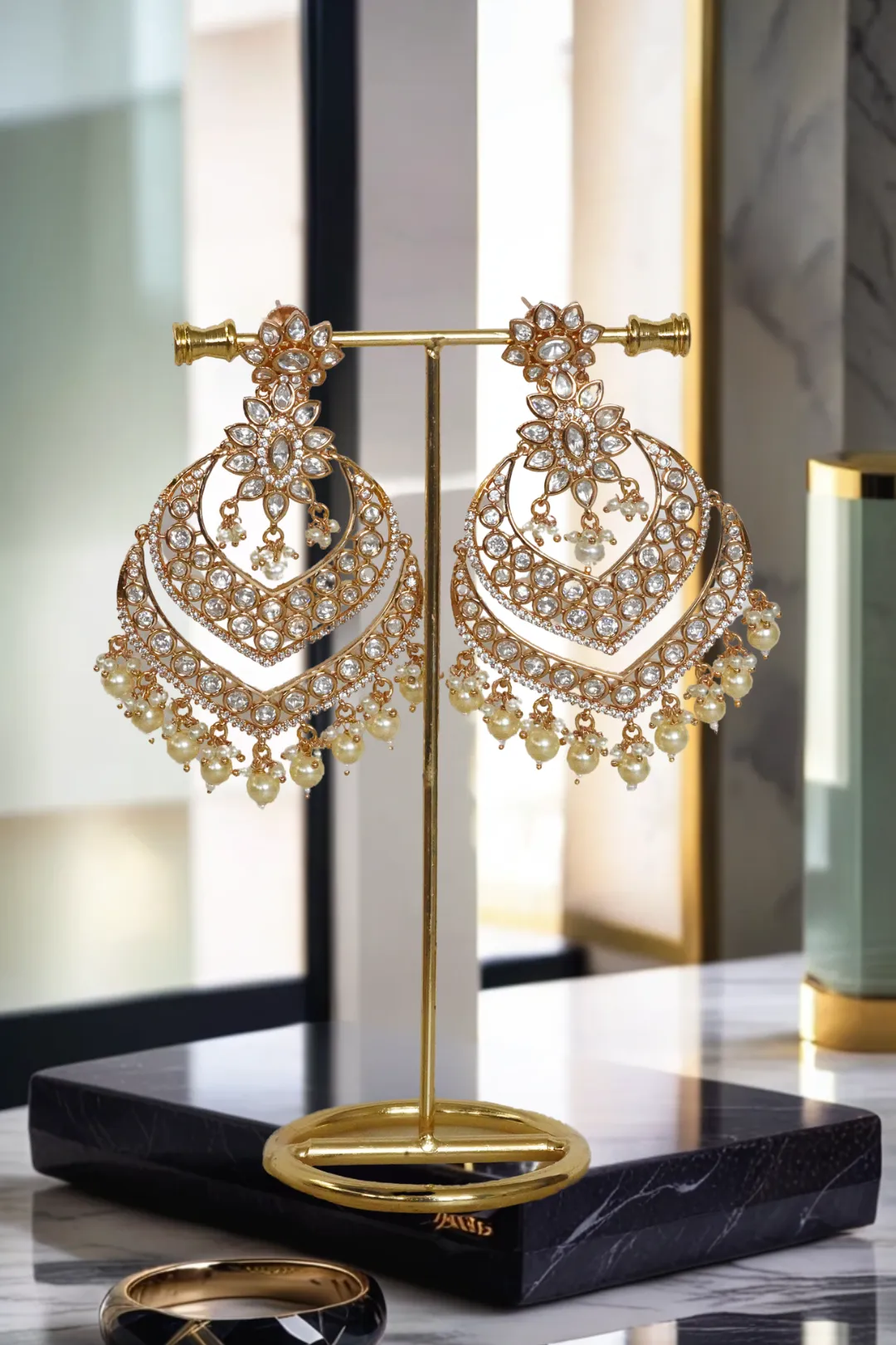 Ashmi - Moissanite Kundan Chandbali Earrings with Micro Diamanté Accents