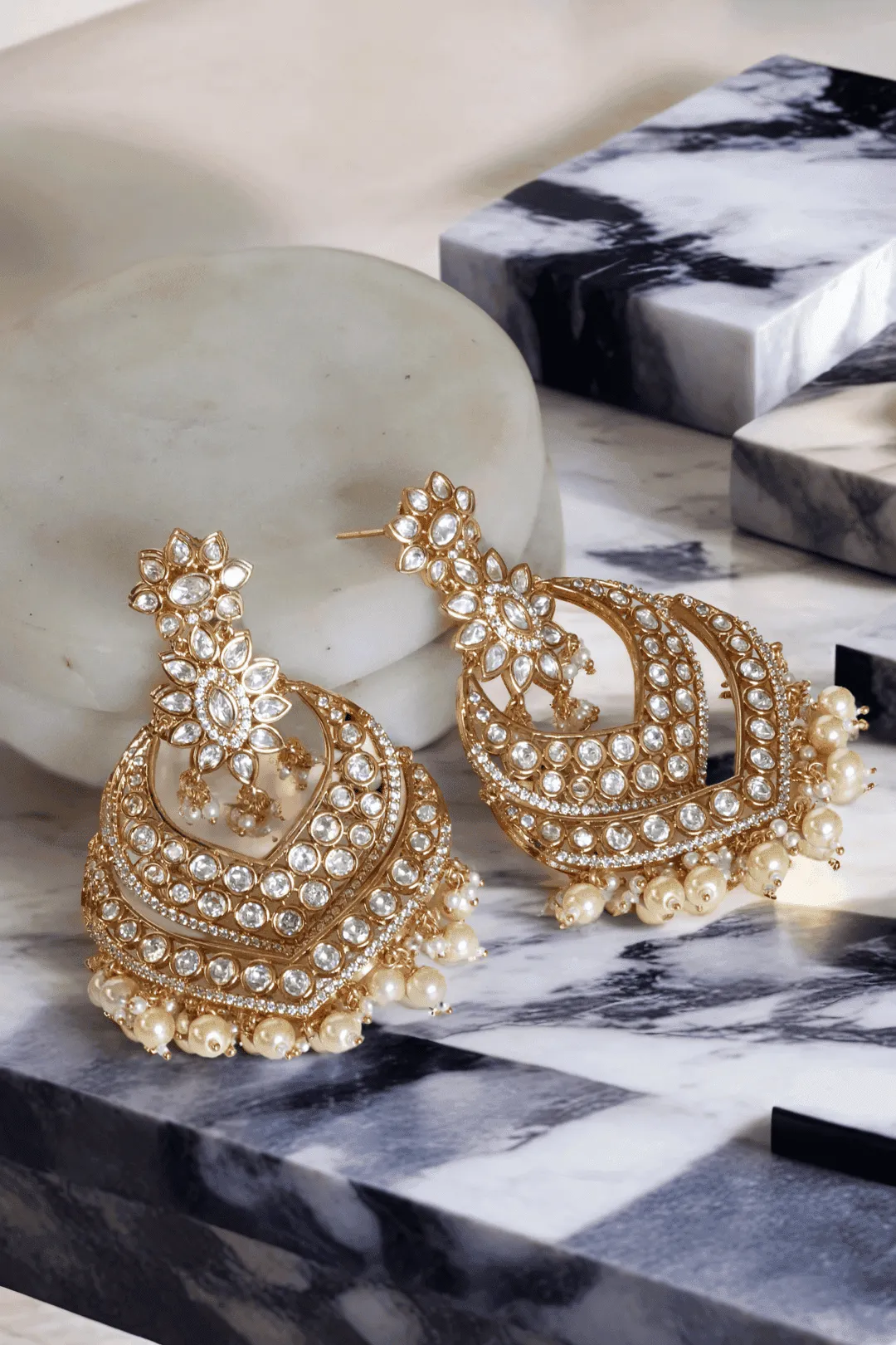 Ashmi - Moissanite Kundan Chandbali Earrings with Micro Diamanté Accents