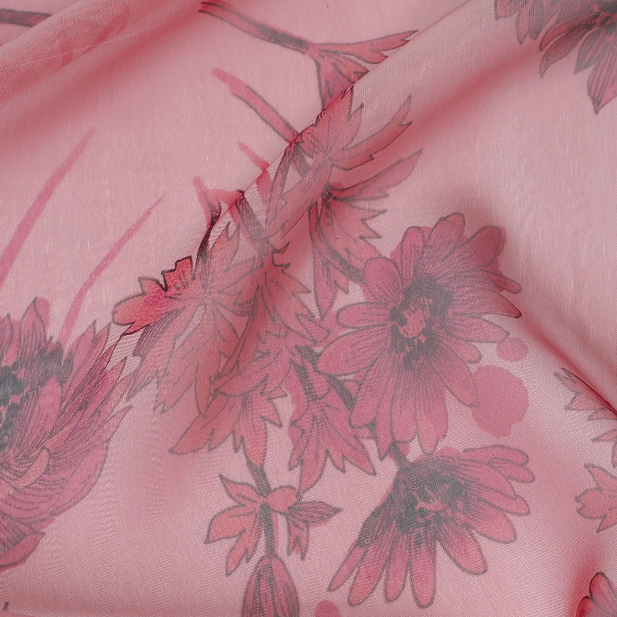 Blush Pink Floral Pure Silk Chiffon Fabric, 110 cms, South Korea-D19879