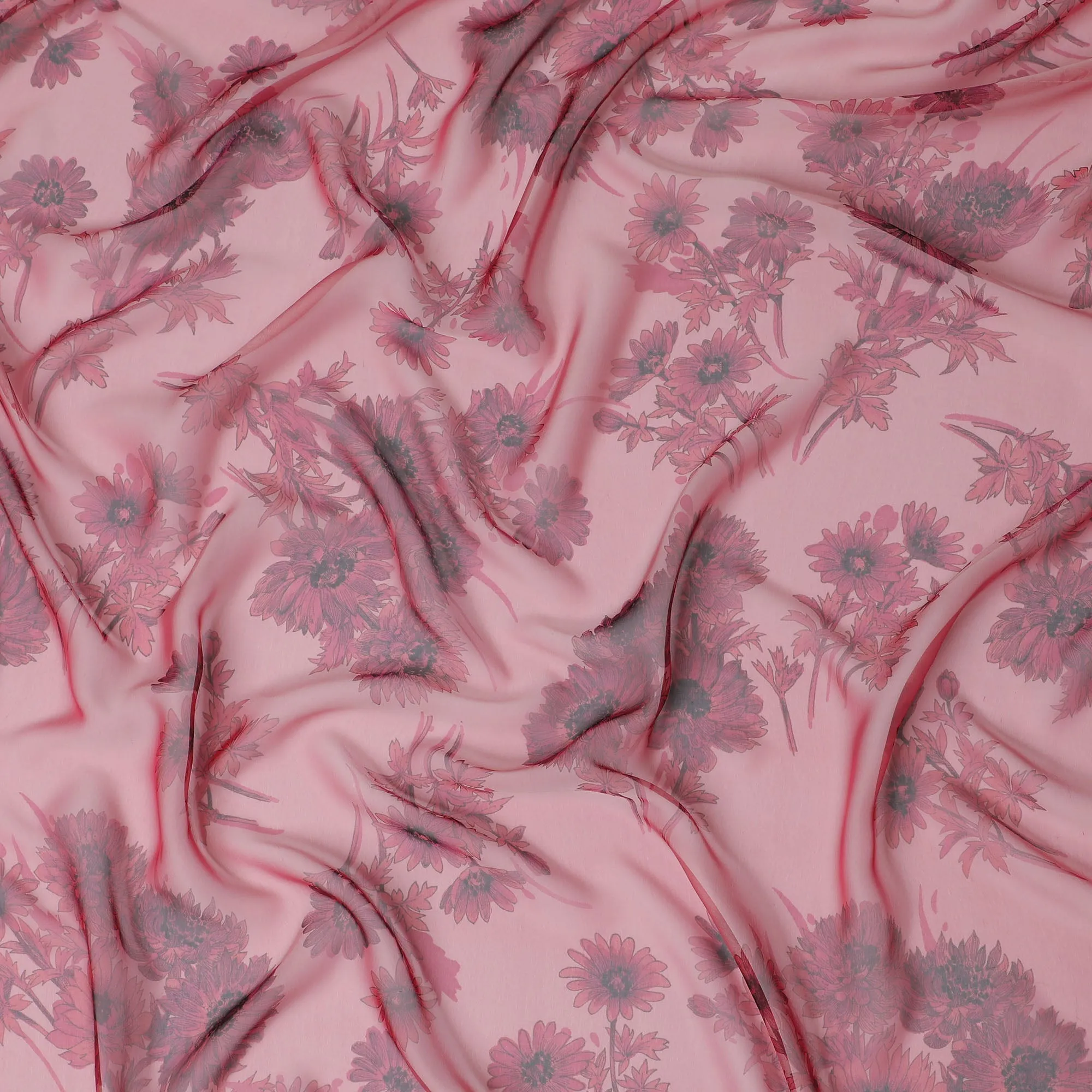 Blush Pink Floral Pure Silk Chiffon Fabric, 110 cms, South Korea-D19879