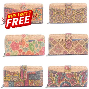 BUY 1 GET 1 FREE: Long Natural Cork Women's Printed Wallet with Card Holder  BAGD-498