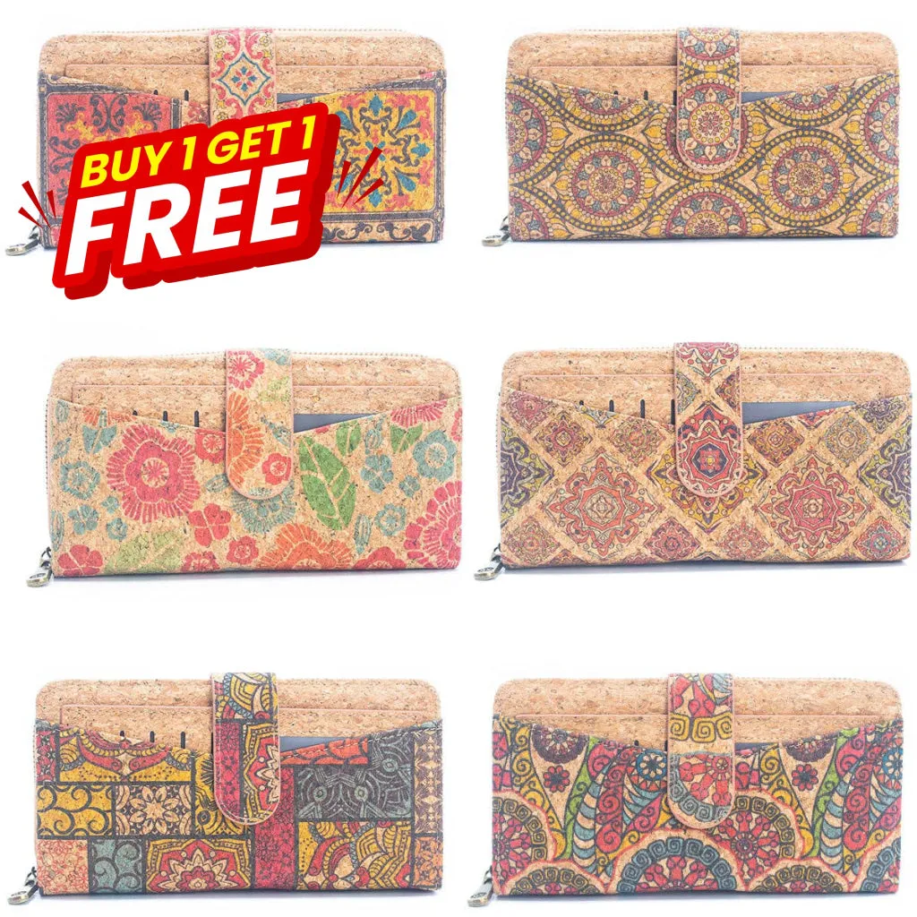 BUY 1 GET 1 FREE: Long Natural Cork Women's Printed Wallet with Card Holder  BAGD-498