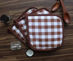 Cotton Gingham Check Brown Pot Holders Pack Of 3