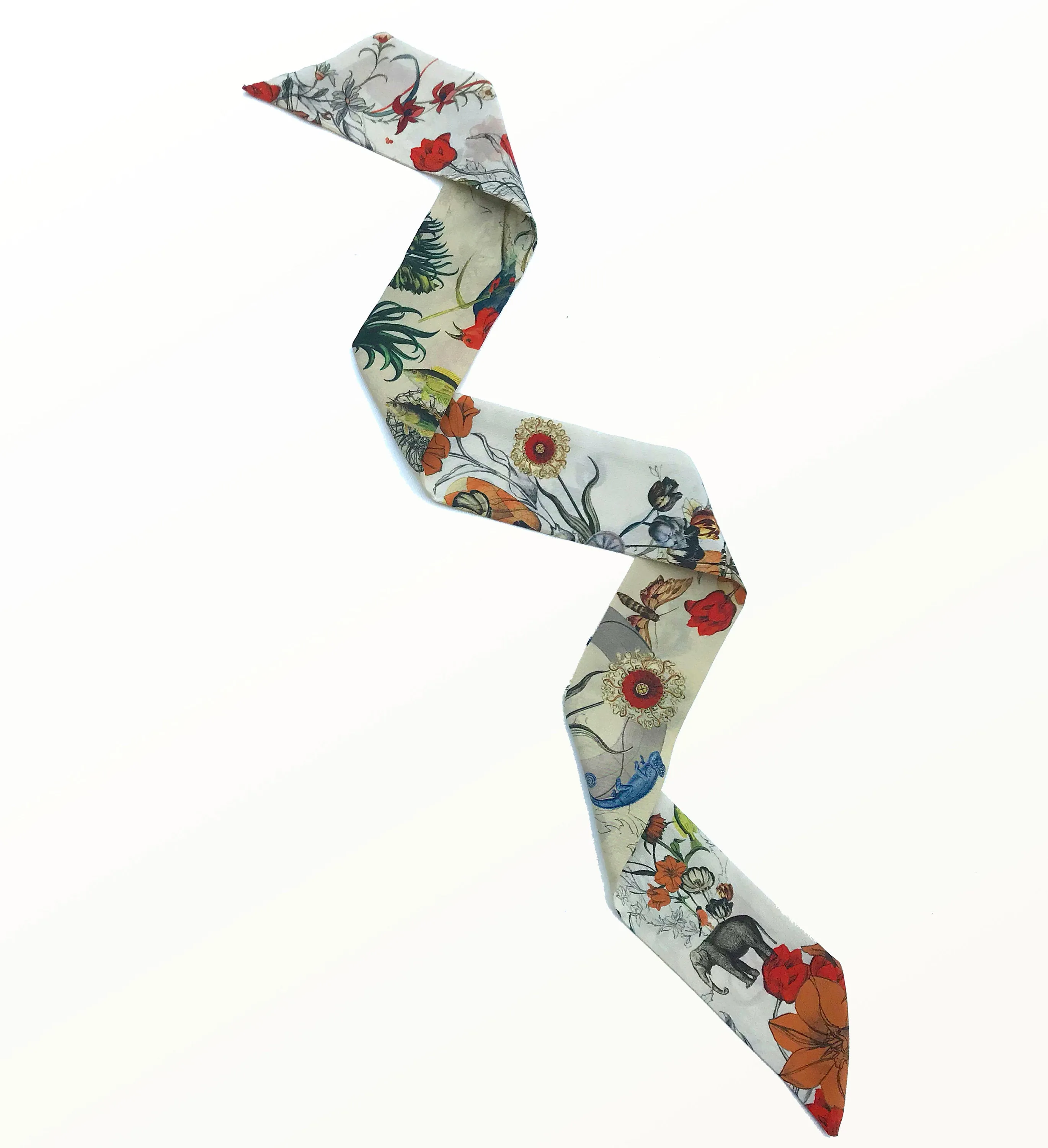 Cream 'Skinny' Silk scarf in the botanical  'Evolution' Print, delicate, lightweight Twilly style scarf accessory