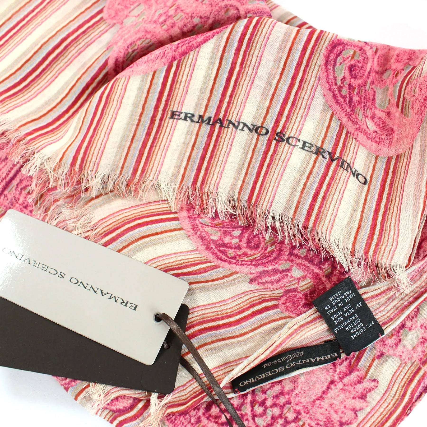 Ermanno Scervino Scarf Pink Stripes Ornamental - Cotton Silk Shawl FINAL SALE