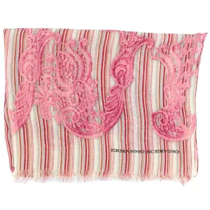 Ermanno Scervino Scarf Pink Stripes Ornamental - Cotton Silk Shawl FINAL SALE