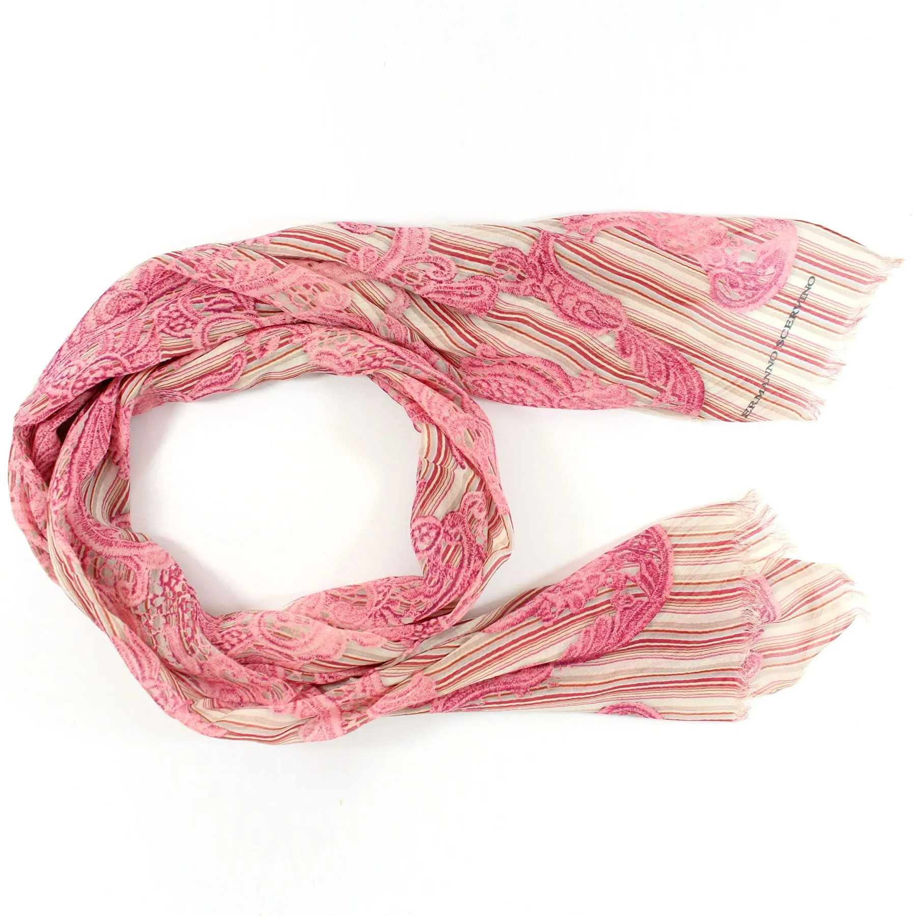 Ermanno Scervino Scarf Pink Stripes Ornamental - Cotton Silk Shawl FINAL SALE