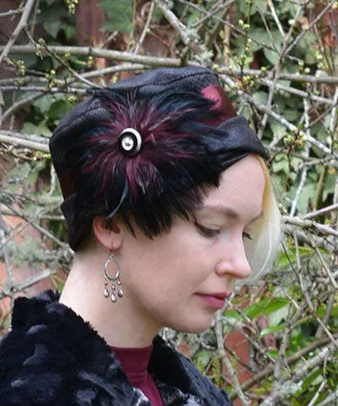 Feather Medallion Trim - Black & Burgundy with Glass Button (Only One with Silver Dot Button Left!)