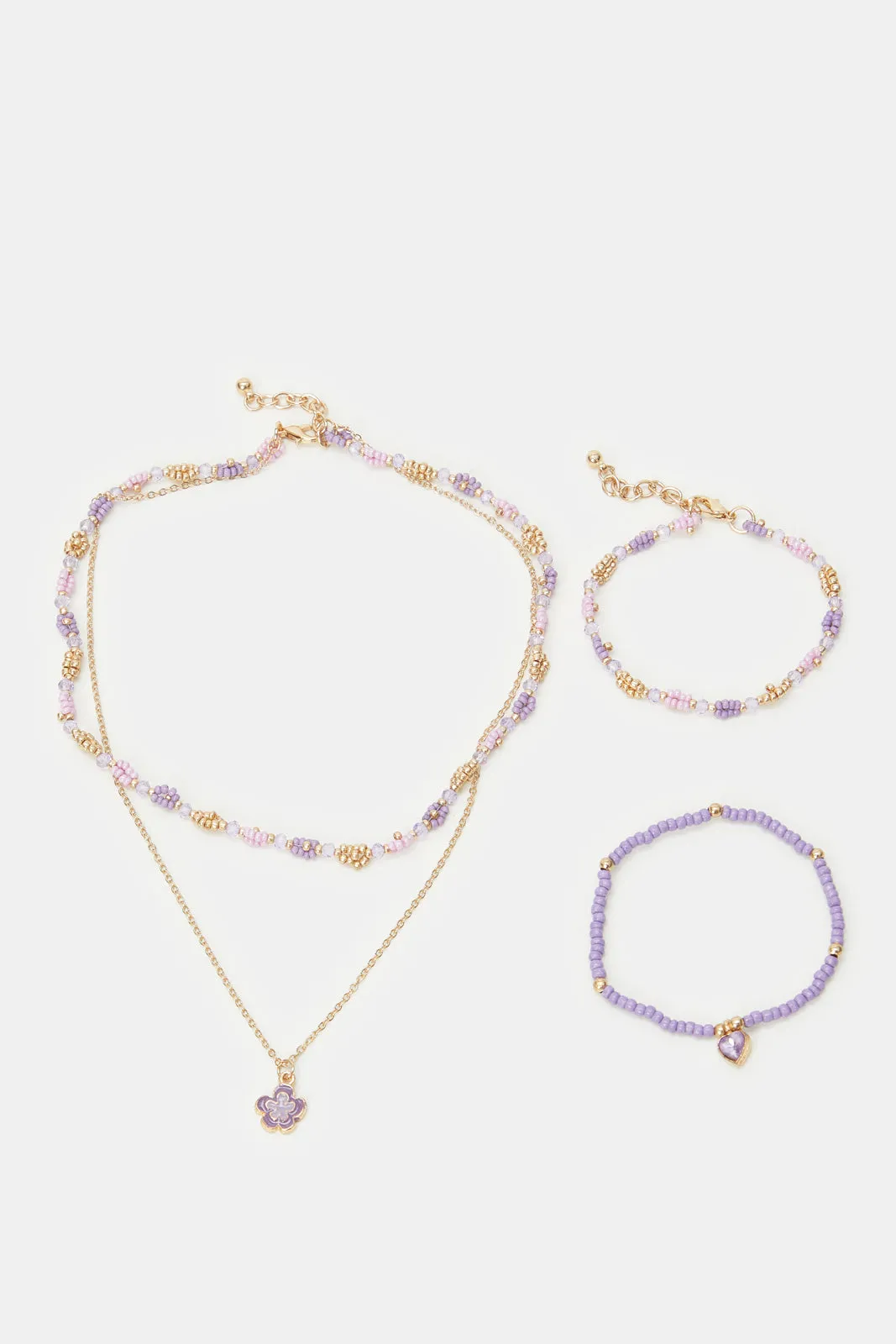 Girls Gold And Purple Embellished Necklace And Bracelet (3 Piece)