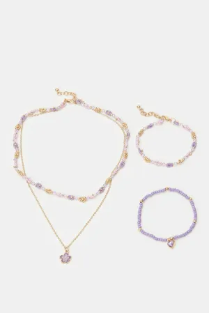 Girls Gold And Purple Embellished Necklace And Bracelet (3 Piece)