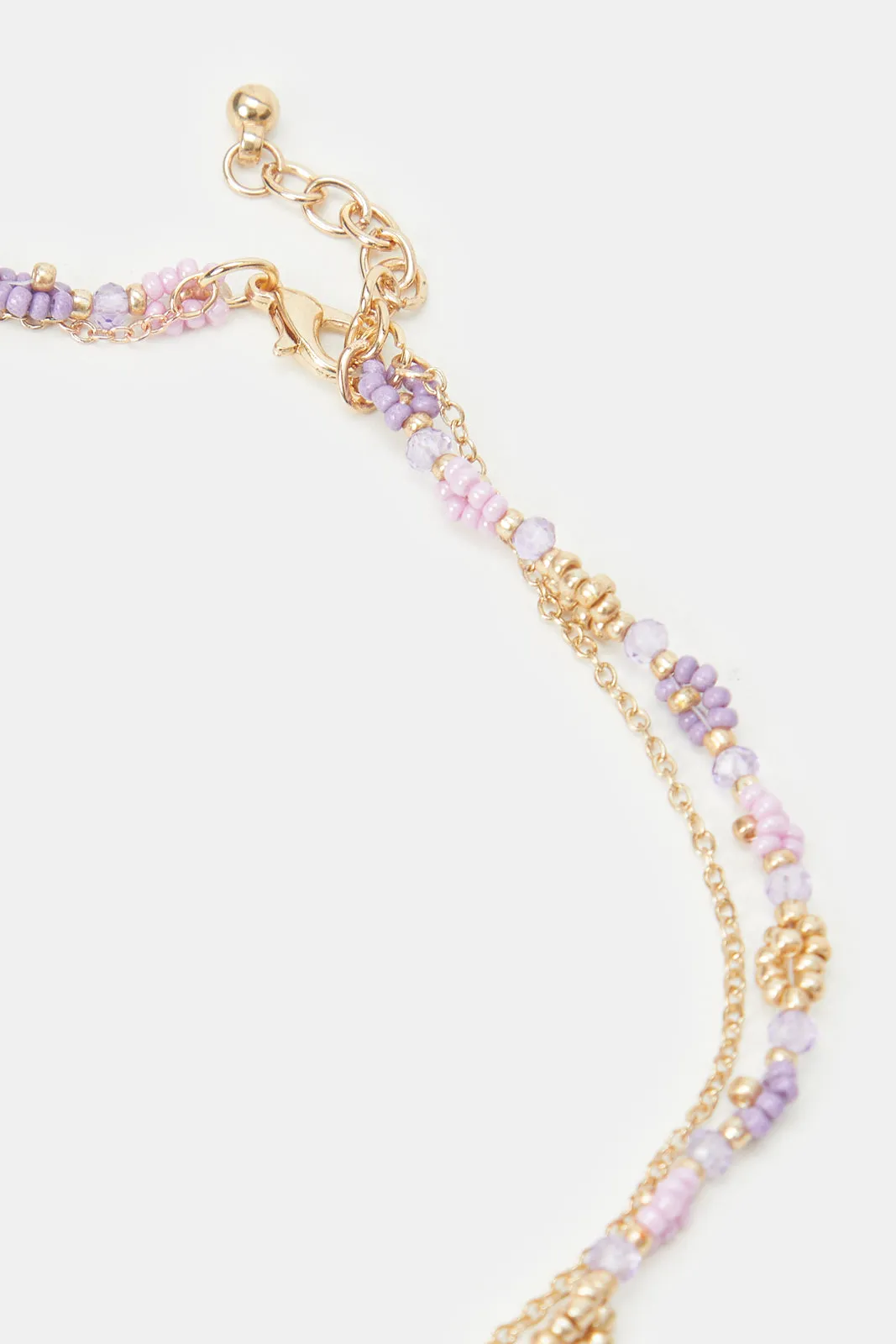 Girls Gold And Purple Embellished Necklace And Bracelet (3 Piece)