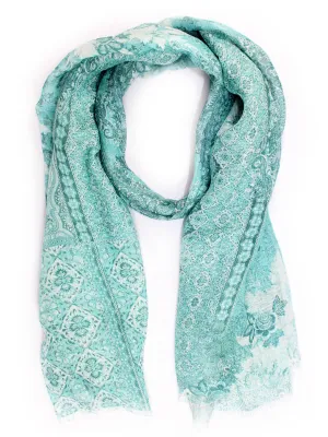 Kiton Scarf Aqua Turquoise Patch Print - Linen Silk Shawl SALE