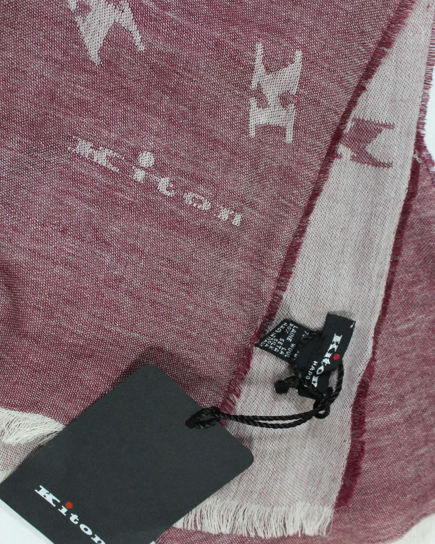 Kiton Scarf Maroon Gray K Logo Design - Wool Silk Shawl