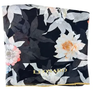 Leonard Paris Scarf Black Pink Floral Design - Chiffon Silk Shawl