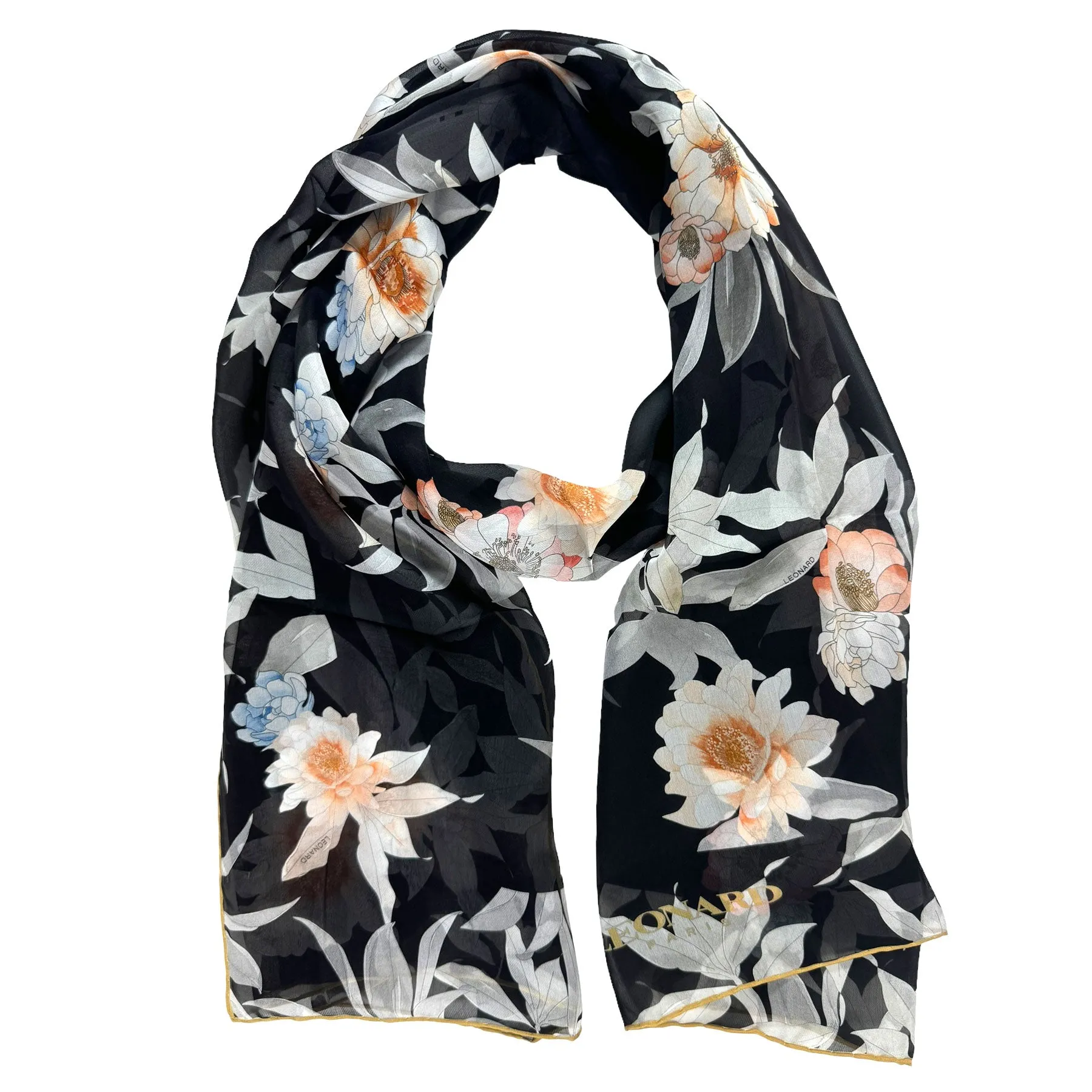 Leonard Paris Scarf Black Pink Floral Design - Chiffon Silk Shawl