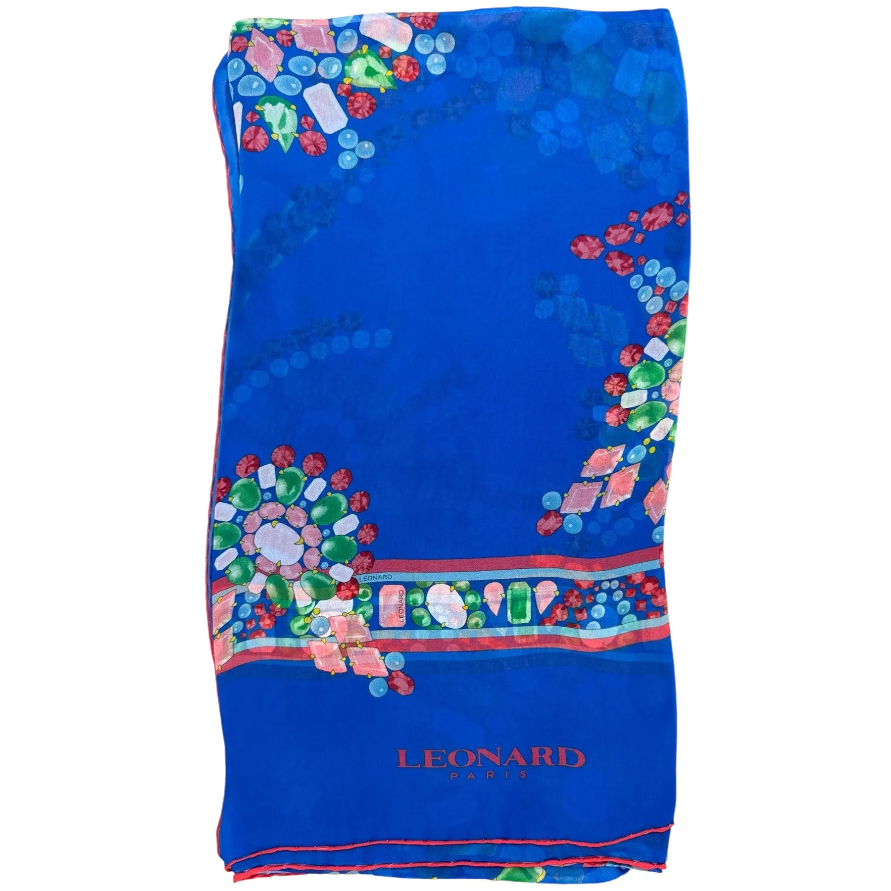 Leonard Paris Scarf Royal Blue Red Pink Emeralds Design - Chiffon Silk Shawl