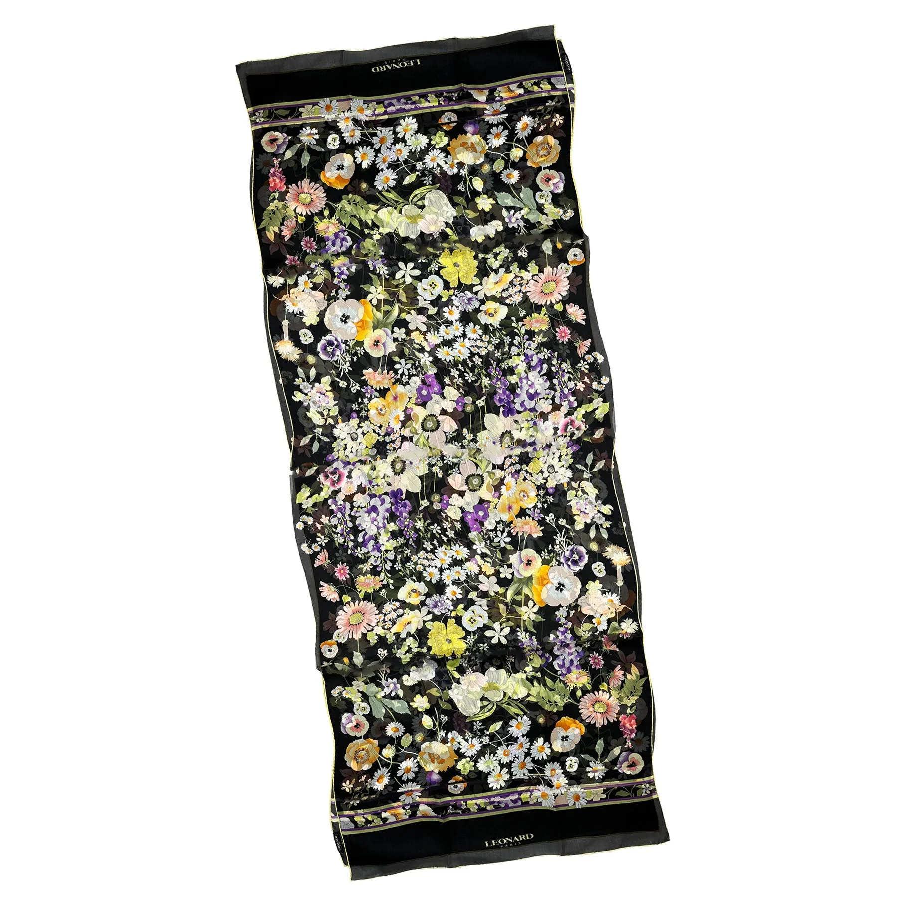 Leonard Paris Scarf Yellow Green Purple Floral Design - Chiffon Silk Shawl