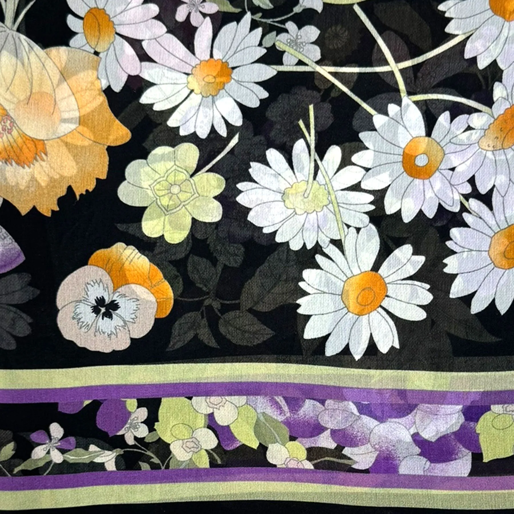 Leonard Paris Scarf Yellow Green Purple Floral Design - Chiffon Silk Shawl