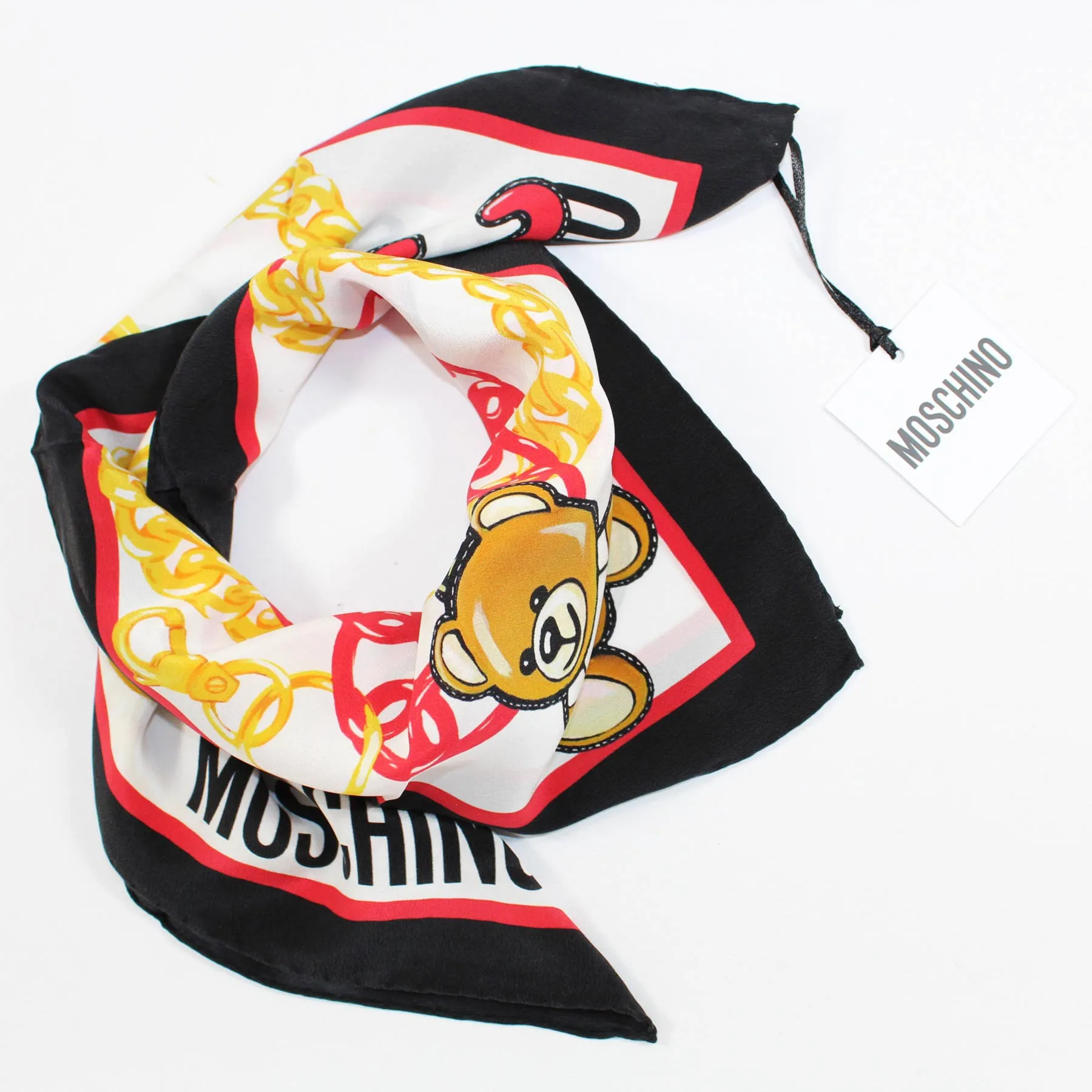 Moschino Silk Scarf White Black Red Gold Bracelet Chain Novelty - Medium Square SALE