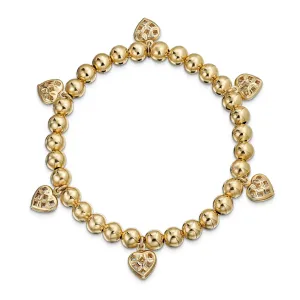 Multi Heart Dangle Charms Stretch Bracelet 18K Gold Plated Brass 6.5-7.5 Inch