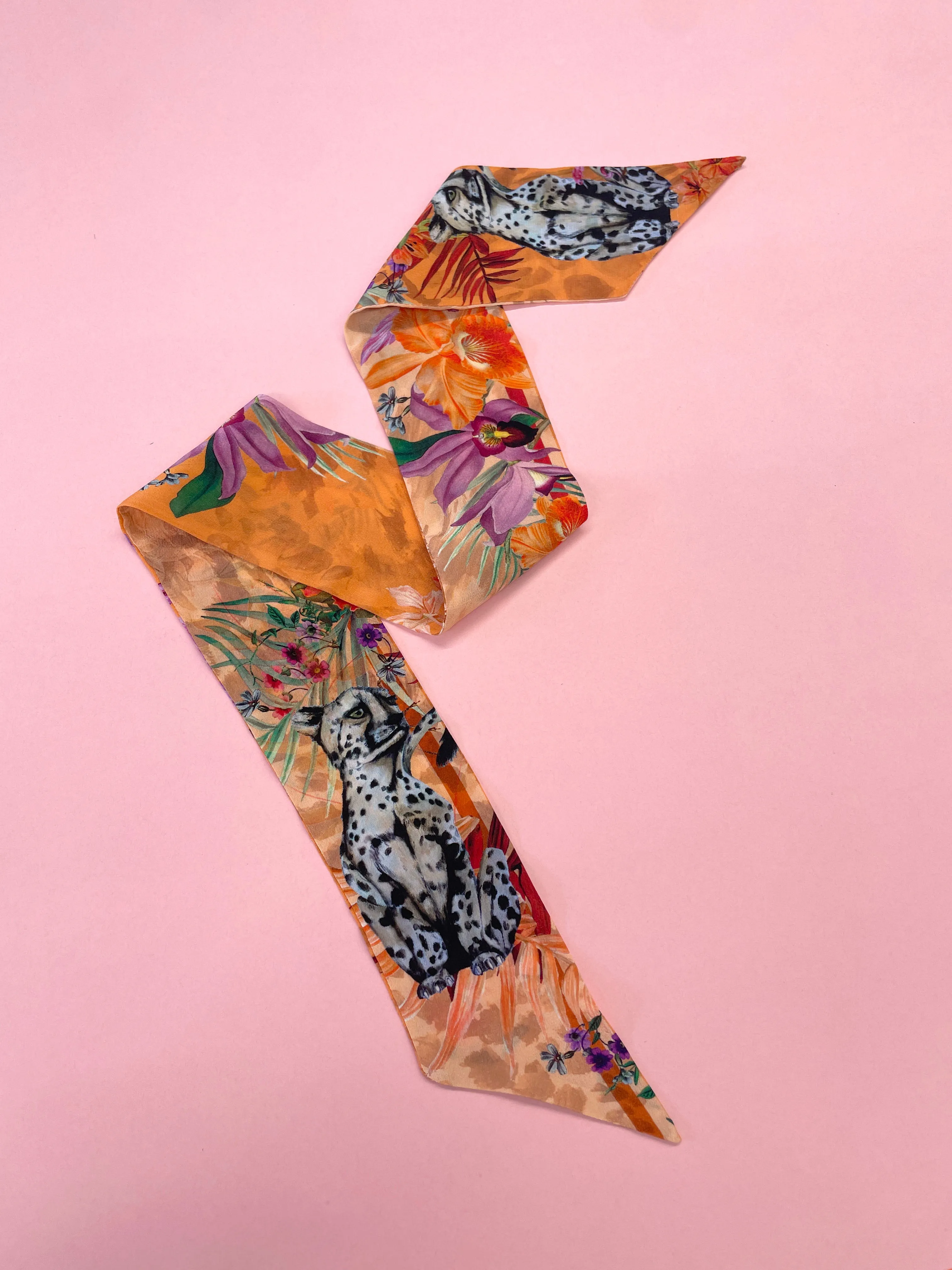 Peach botanical 'Panthera' skinny Silk scarf, delicate, lightweight Twilly style scarf accessory with animal print texture