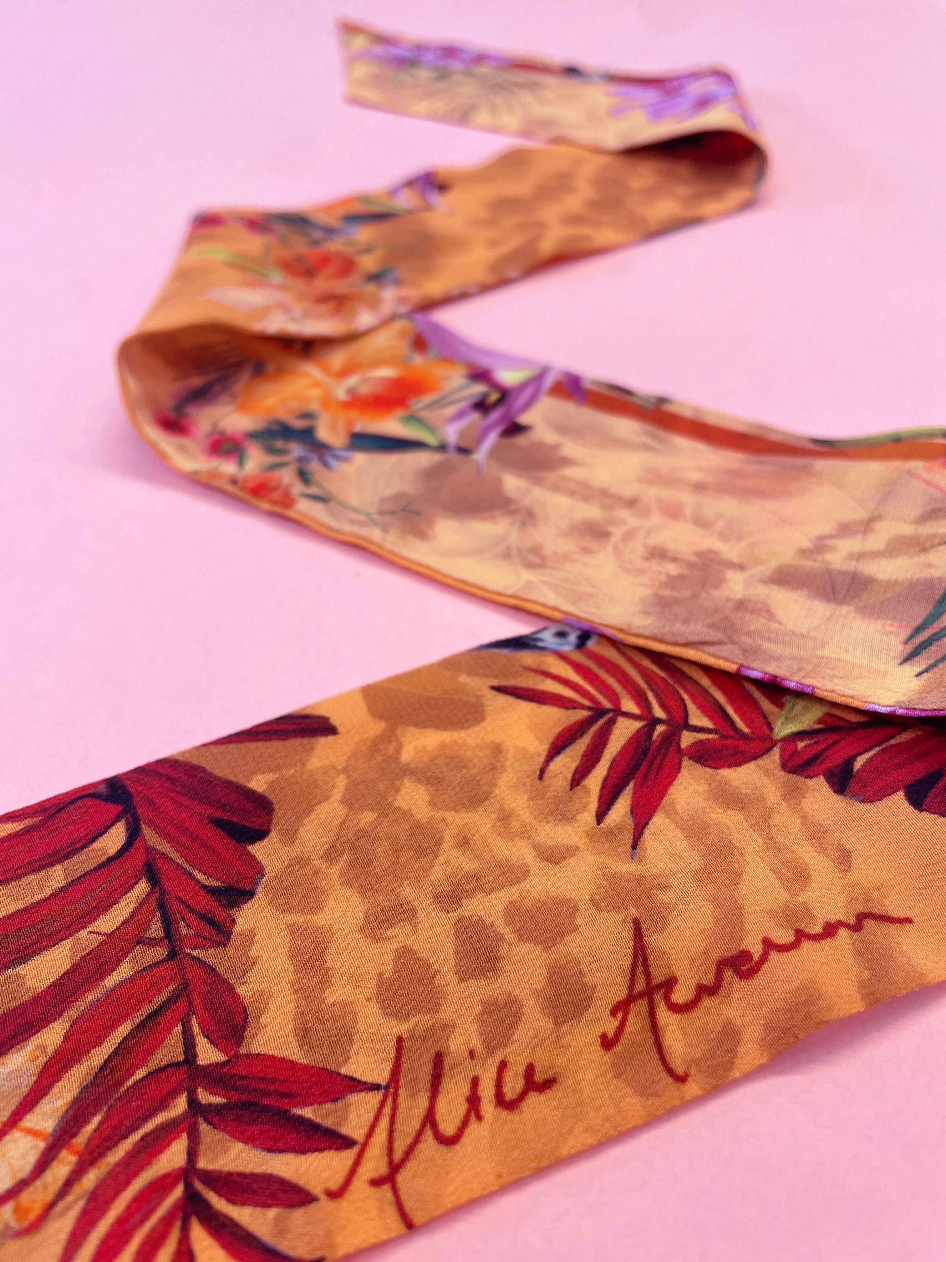 Peach botanical 'Panthera' skinny Silk scarf, delicate, lightweight Twilly style scarf accessory with animal print texture