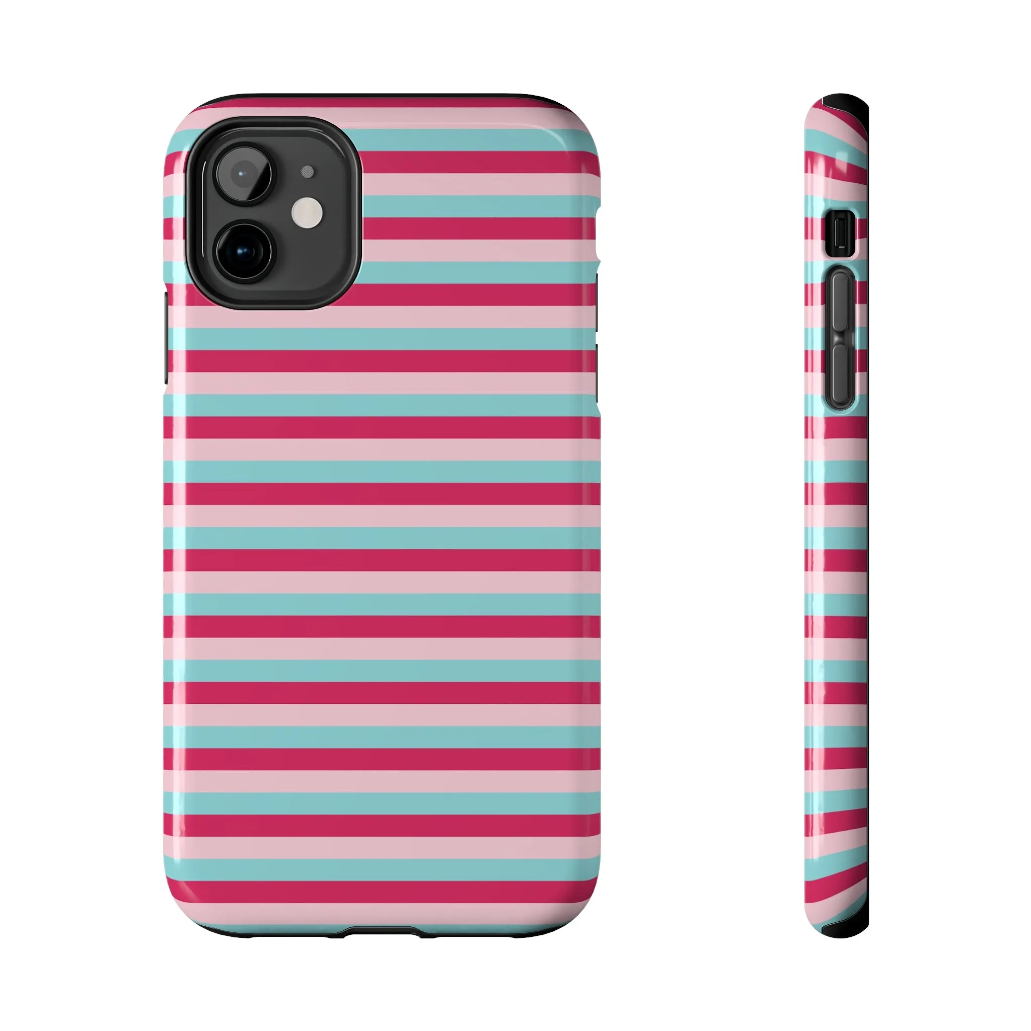 Pink and Blue Girly Stripe print Design Tough Phone Case compatible with a large variety of iPhone models, Gift, Phone Case