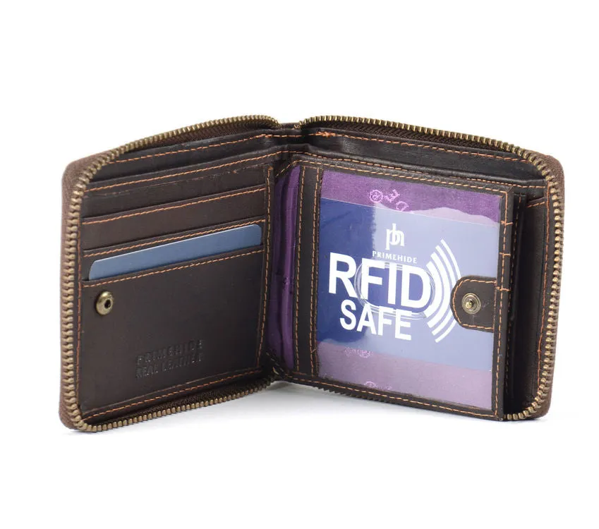 Prime Hide Compact RFID Blocking Brown Leather Zip Wallet