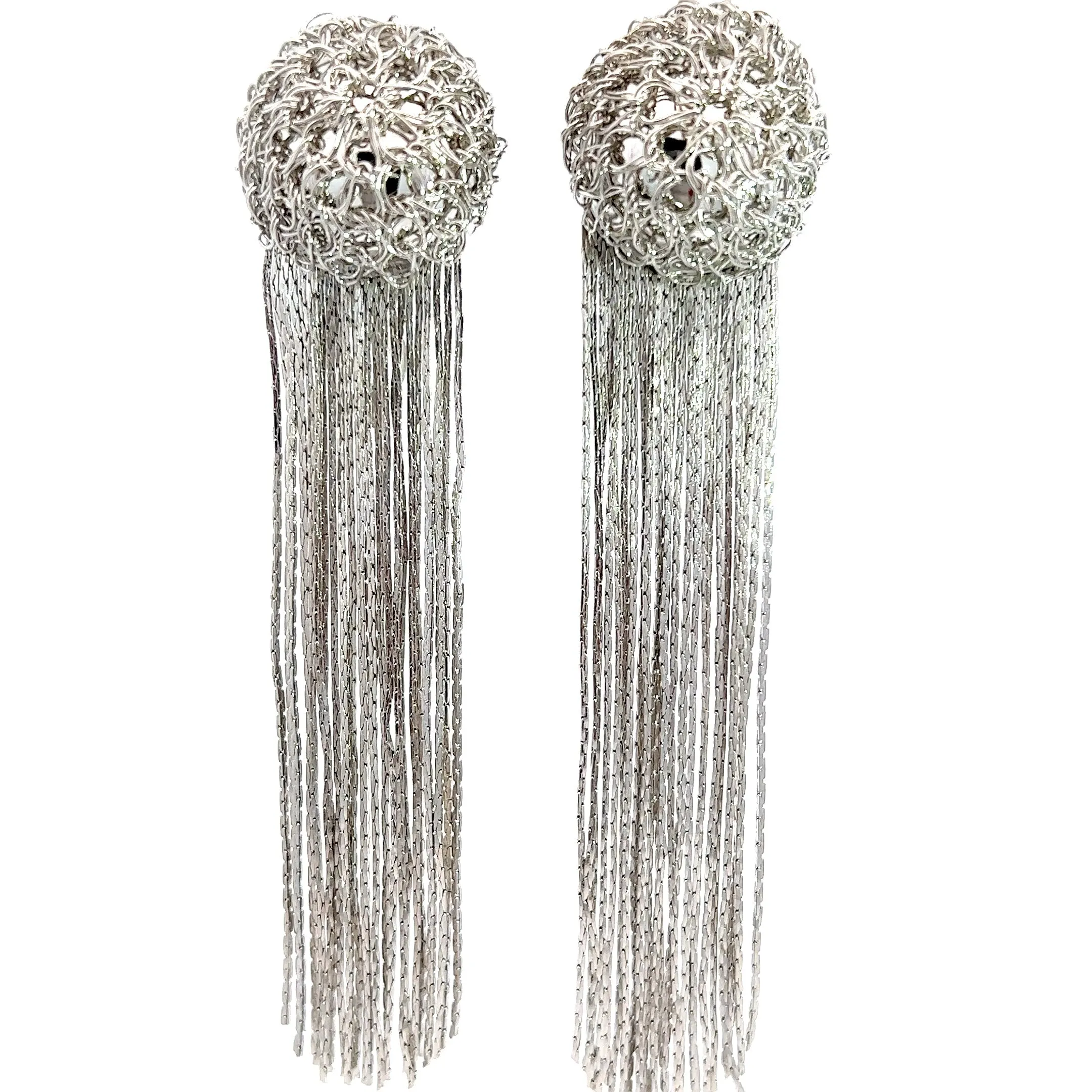 Silver Sphere Long Fringe Clip On Earring