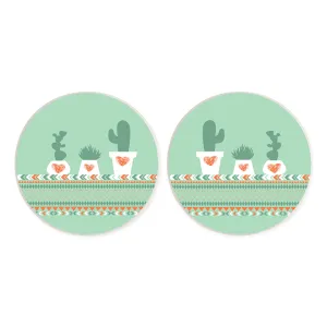 Southwest Cactus Heart Sage Green 2.75 x 2.75 Ceramic Car Coasters Pack of 2