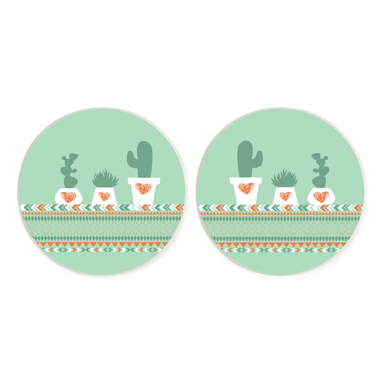 Southwest Cactus Heart Sage Green 2.75 x 2.75 Ceramic Car Coasters Pack of 2