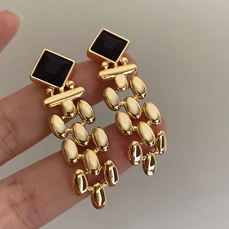 Statement Gold Plated Black Stone Dangle Earrings jlt11624