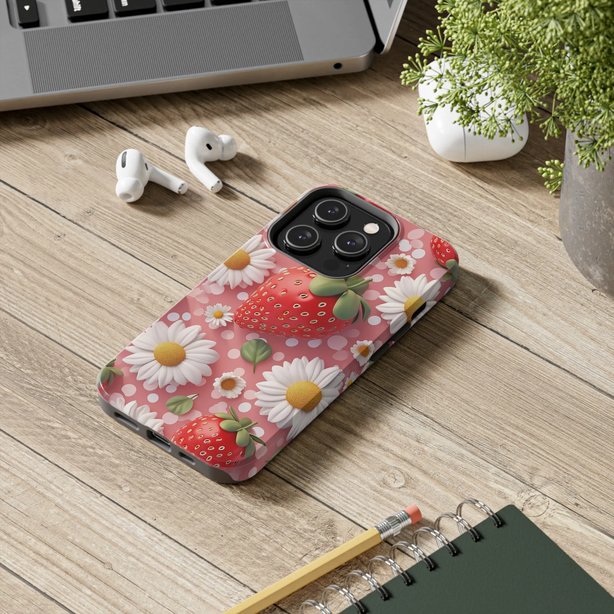 Strawberries & Daisies Digital print Design Tough Phone Case compatible with a large variety of iPhone models, Gift, Phone Case