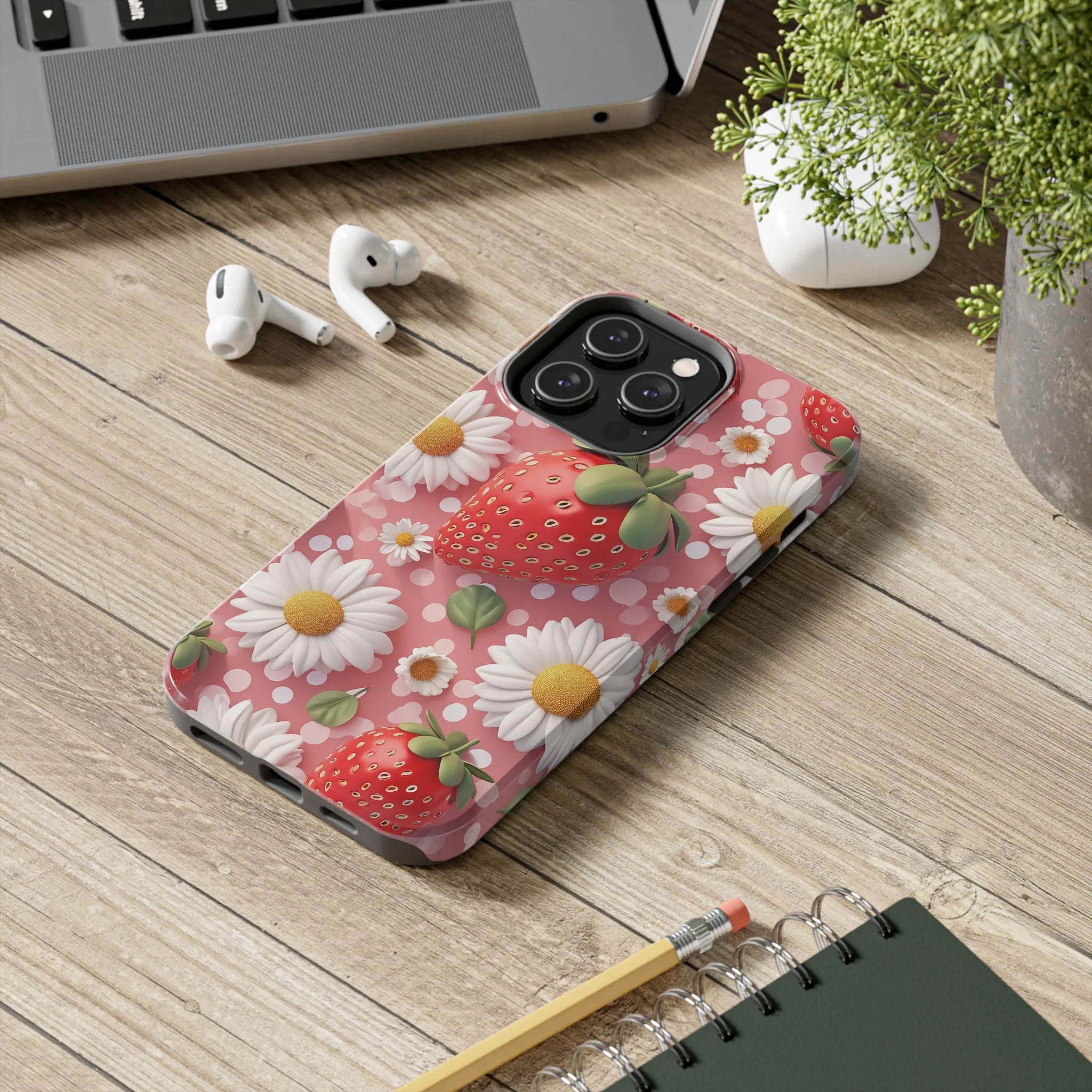 Strawberries & Daisies Digital print Design Tough Phone Case compatible with a large variety of iPhone models, Gift, Phone Case