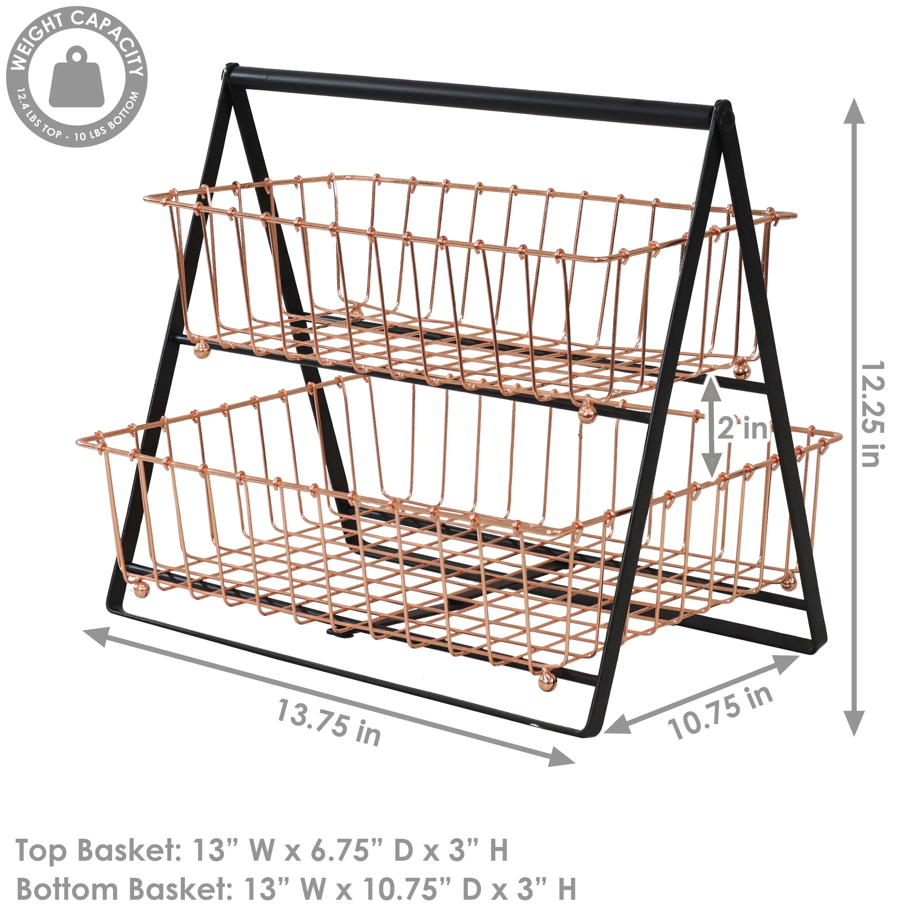 Sunnydaze 2-Tier Fruit Basket with Handle for Countertop - Copper