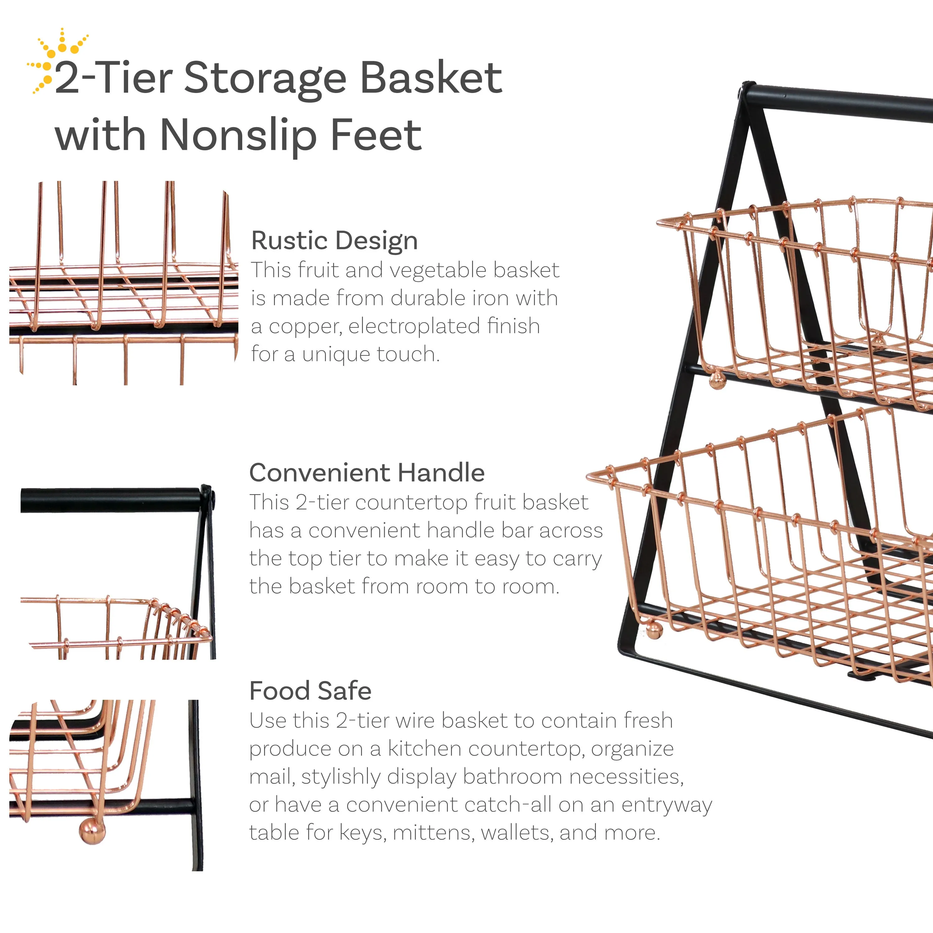 Sunnydaze 2-Tier Fruit Basket with Handle for Countertop - Copper