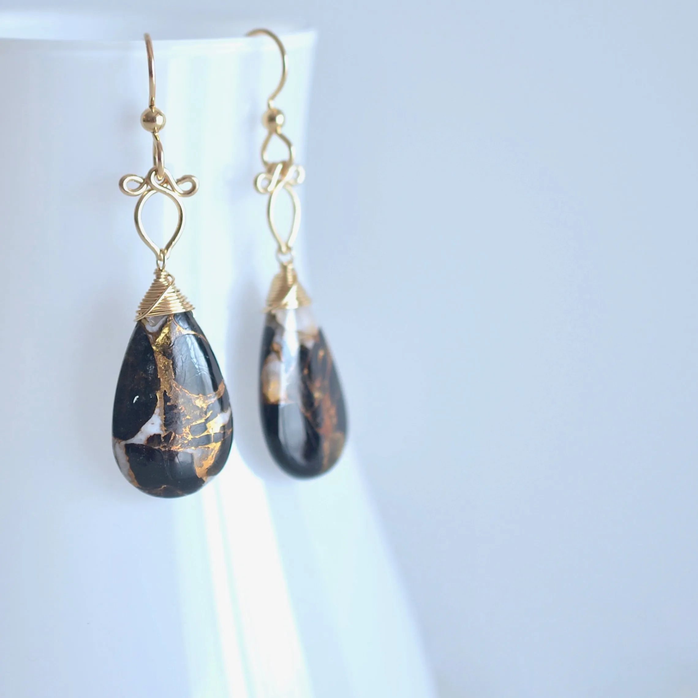 Sunstra - Copper Calcite and Obsidian and 14k Gold Filled Earrings