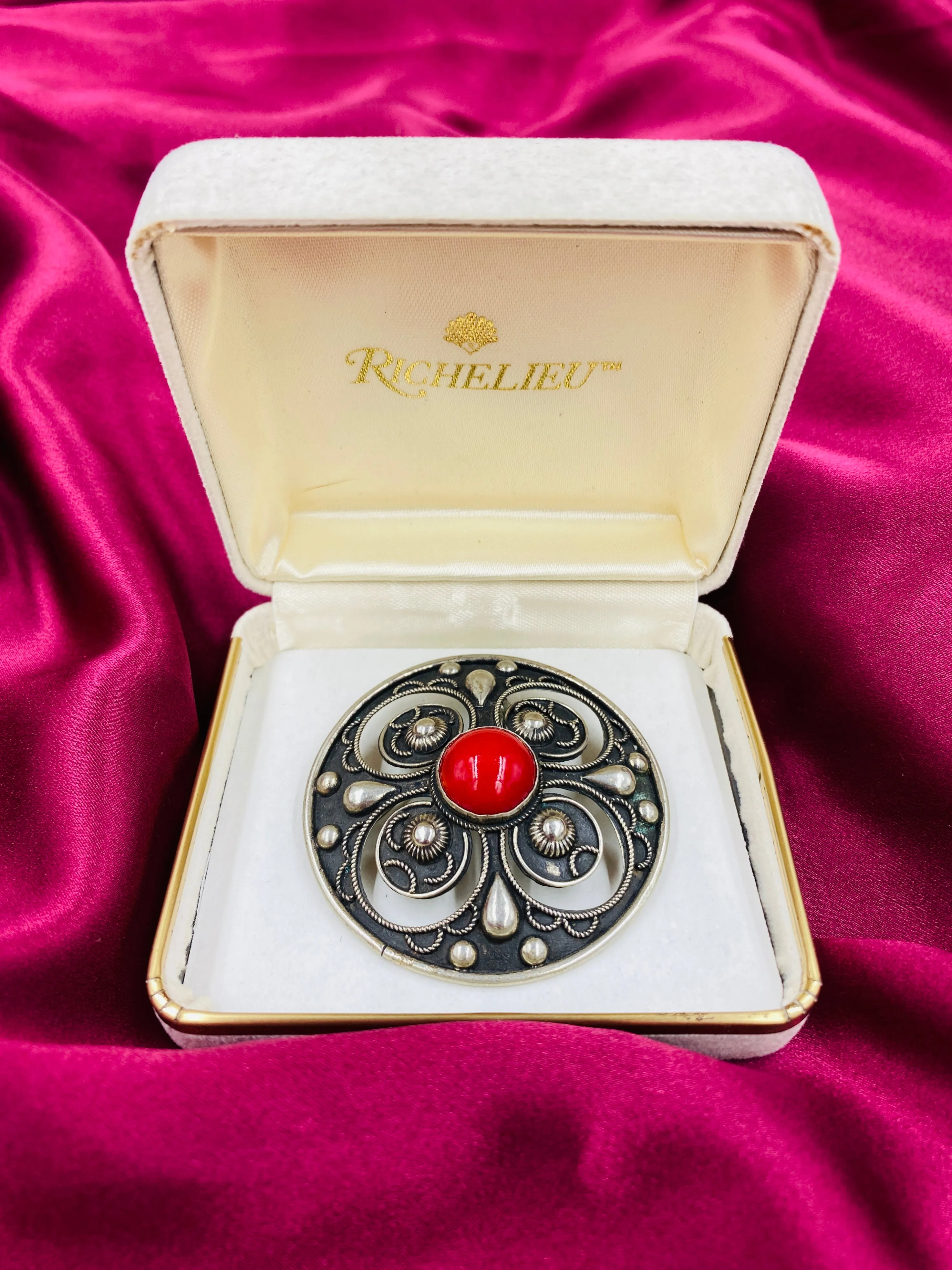 Vintage Sterling Silver Round Brooch with Red Glass Cabochon