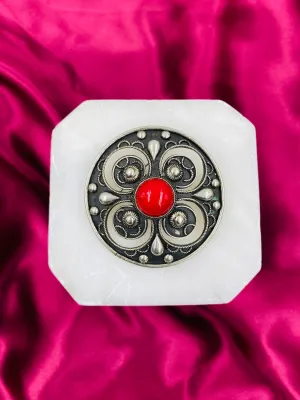 Vintage Sterling Silver Round Brooch with Red Glass Cabochon