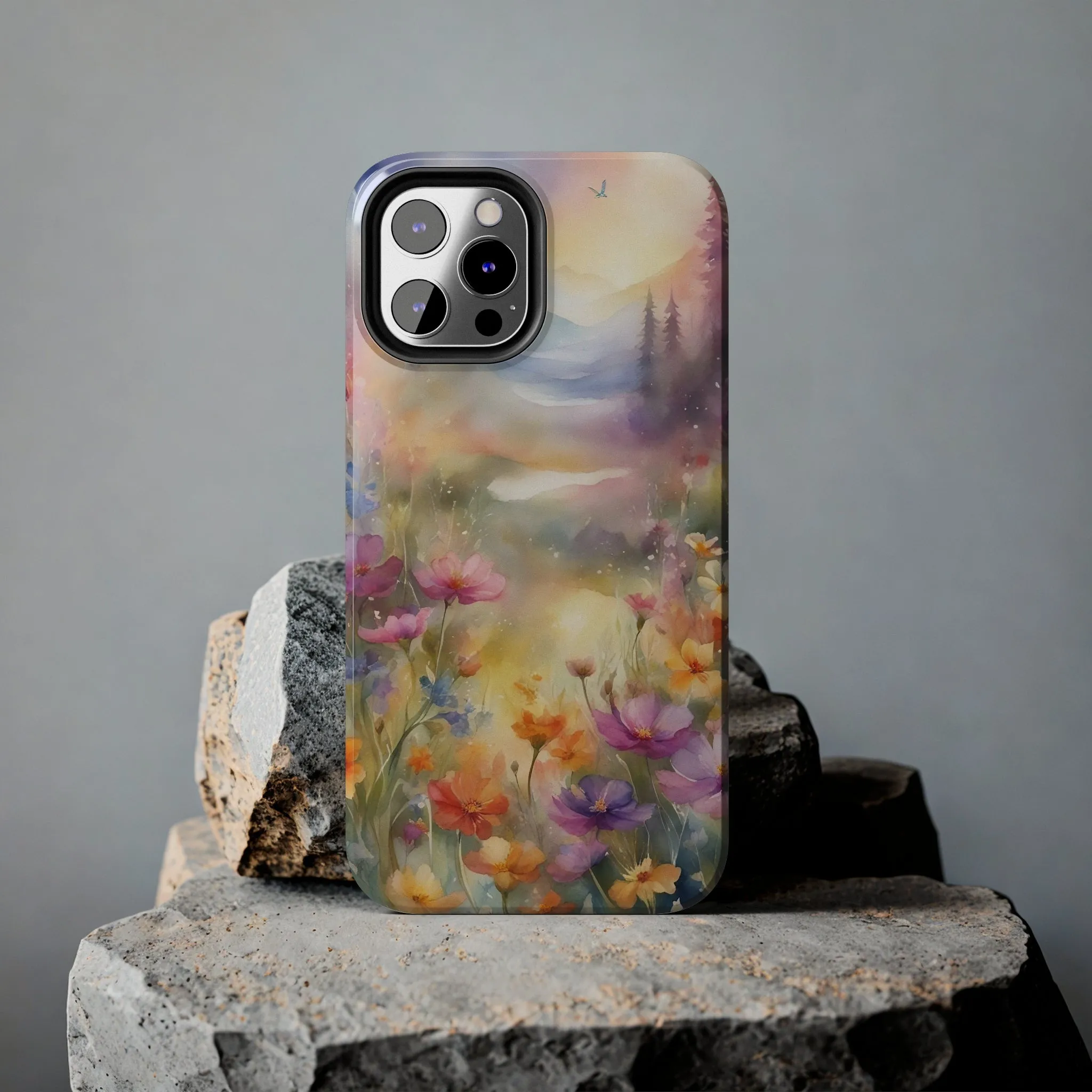 Watercolor Landscape and Wildflowers Pattern print design Tough Phone Case compatible with a large variety of phone models, Phone Case