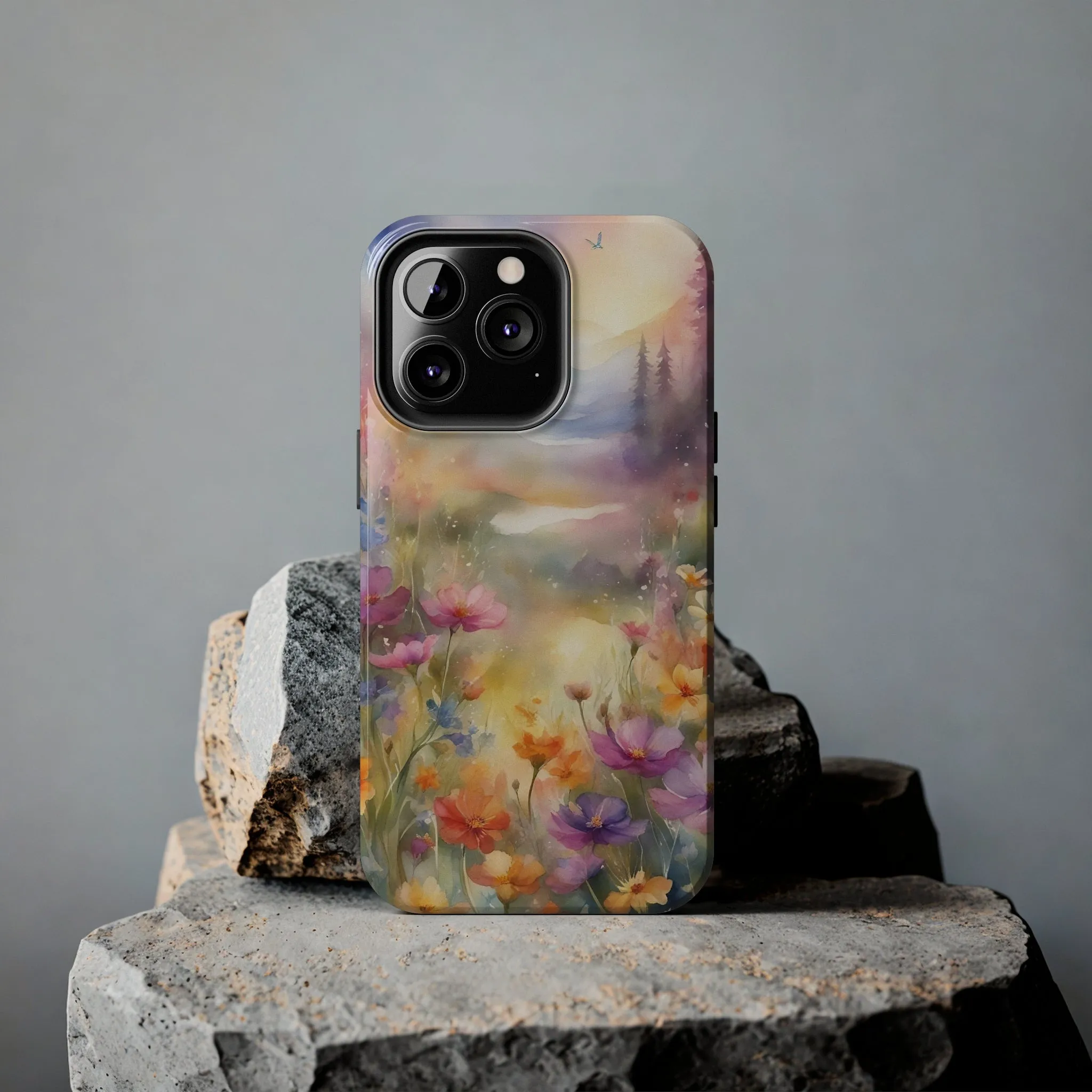 Watercolor Landscape and Wildflowers Pattern print design Tough Phone Case compatible with a large variety of phone models, Phone Case