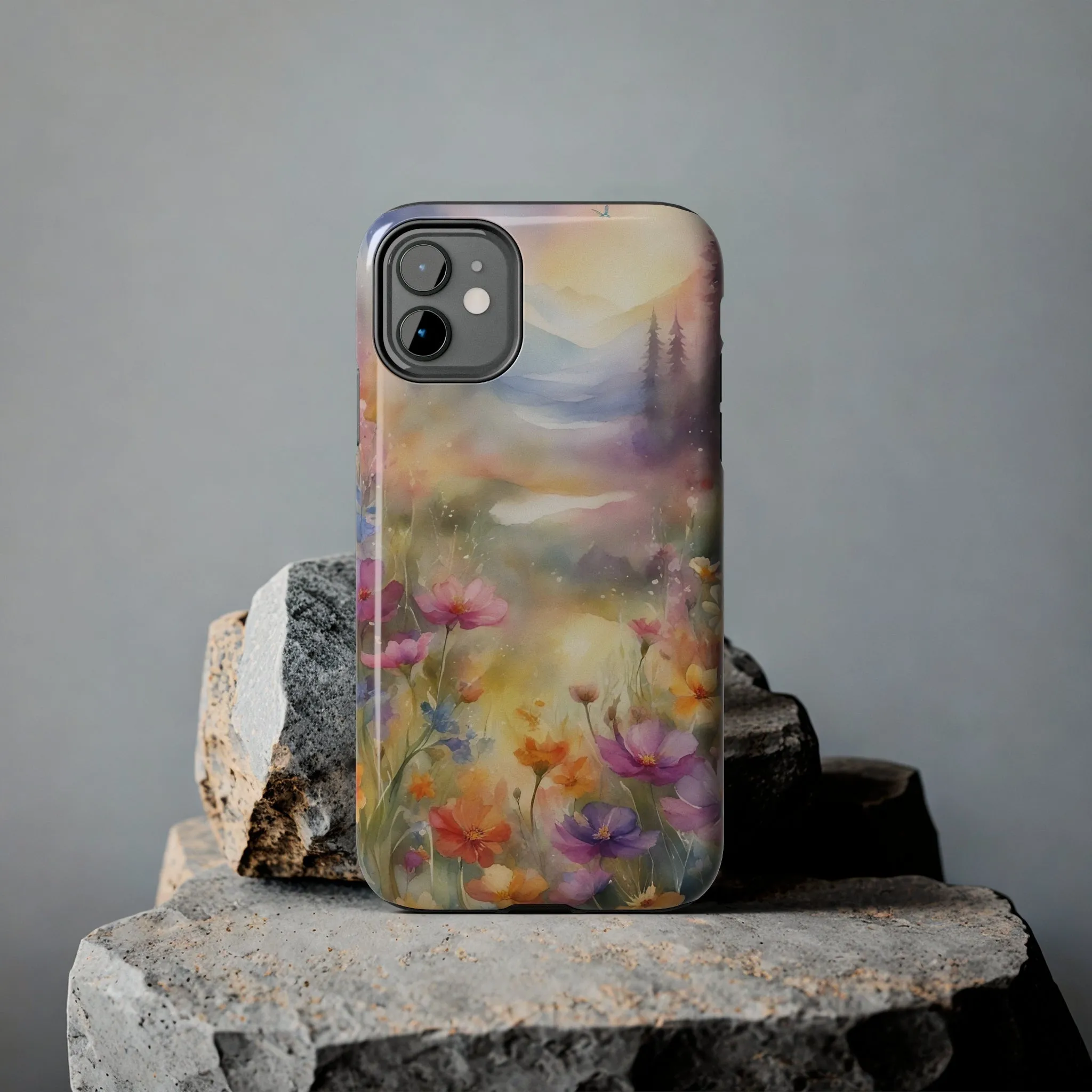 Watercolor Landscape and Wildflowers Pattern print design Tough Phone Case compatible with a large variety of phone models, Phone Case