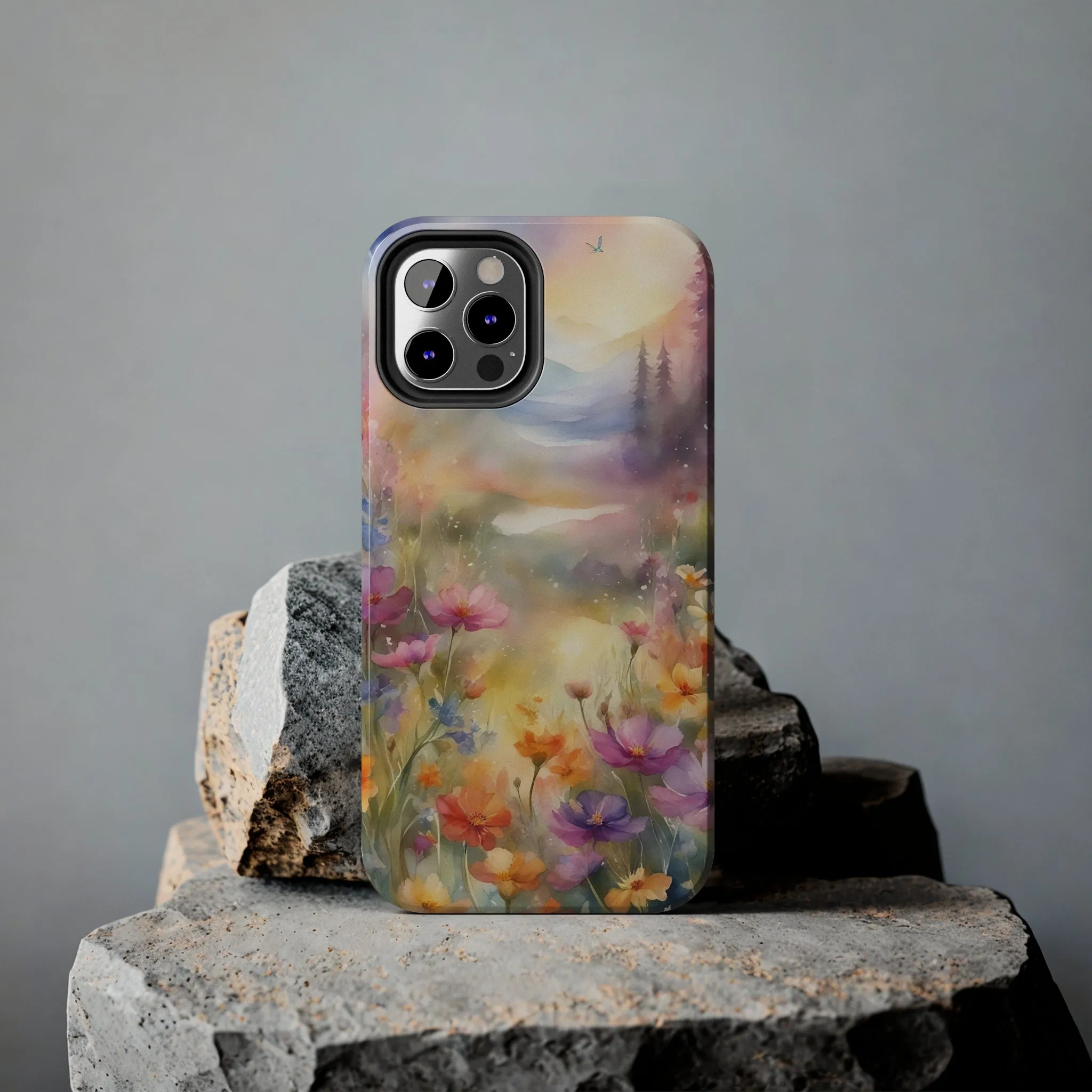 Watercolor Landscape and Wildflowers Pattern print design Tough Phone Case compatible with a large variety of phone models, Phone Case